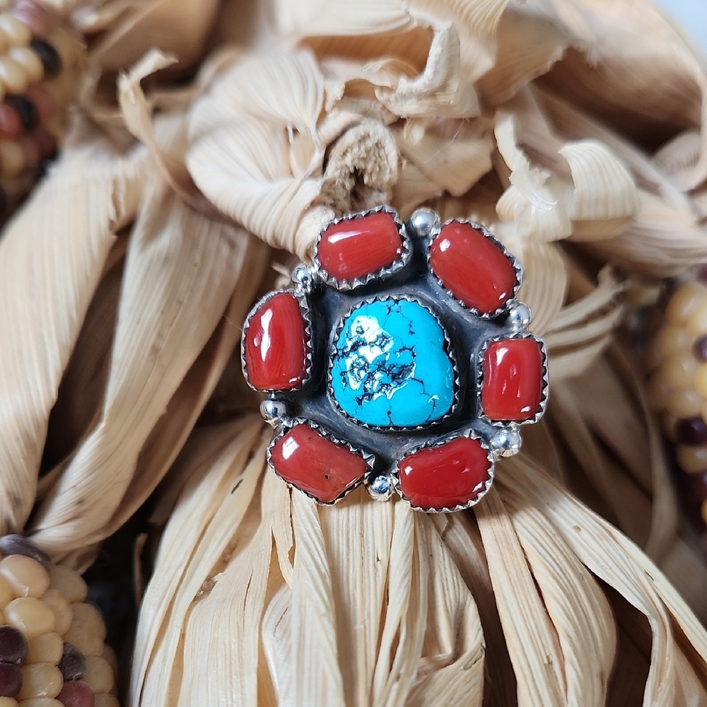 Stunning NWOT Native American Navajo Turquoise & Coral Ring By Elouise Kee 🩵🎁